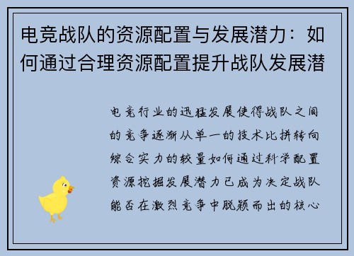 电竞战队的资源配置与发展潜力：如何通过合理资源配置提升战队发展潜力
