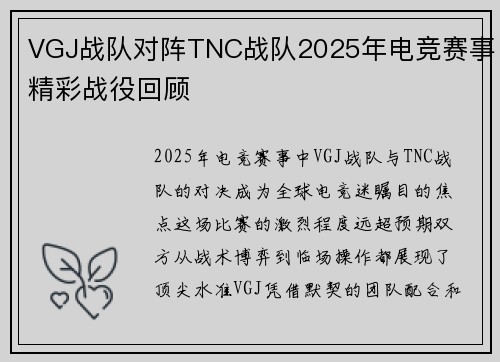 VGJ战队对阵TNC战队2025年电竞赛事精彩战役回顾