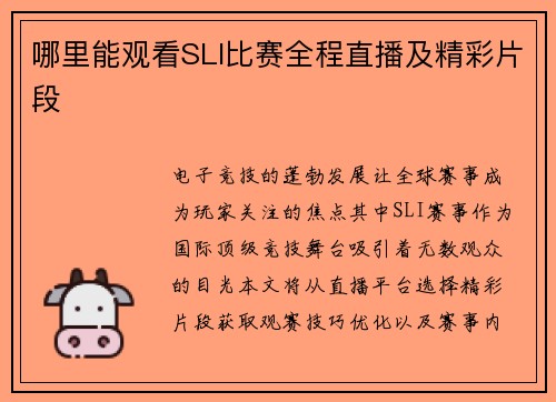 哪里能观看SLI比赛全程直播及精彩片段